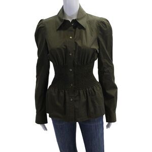 Rochas Women Army Green Cotton Collared Button Up Blouse Long Sleeve Size 40